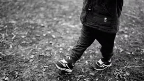 Летний Ребенок Прогуливался Улице Монохромном Черно Белом Цвете Один Маленький — стоковое видео