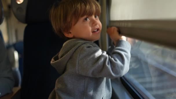 儿童在欧洲高速旅程中玩火车百叶窗 小男孩乘客关上了窗帘 — 图库视频影像