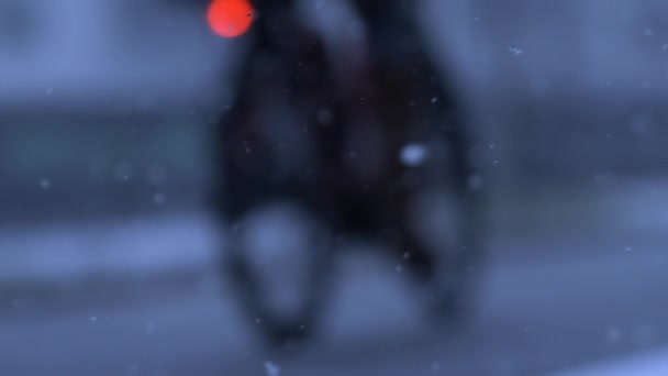 Person Riding Bicycle Amidst Snowfall City Captured Super Slow Motion — Vídeo de Stock