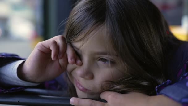 Tired Little Girl Rubbing Eye While Moving Bus Year Old — Videoclip de stoc