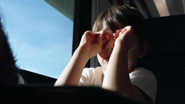 Exhausted Child Rubs Eyes Face While Moving Train Passenger Kid — Wideo stockowe