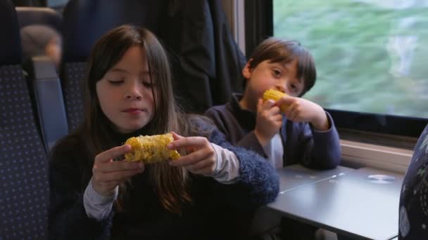 Siblings Snacking Corn Moving Train Brother Sister Enjoying Healthy Food — Wideo stockowe