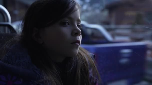 Contemplative Little Girl Moving Bus Pensive Expression Passenger Child Thoughtful — Wideo stockowe