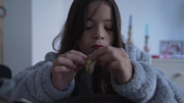 Young Child Having Pancake Breakfast Cozy Home Setting Small Girl — стоковое видео