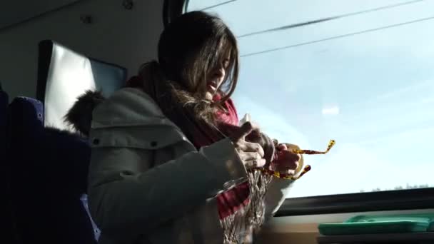 Woman Cleaning Sunglasses Scarf While Traveling Train Female Passenger Commuter — Αρχείο Βίντεο
