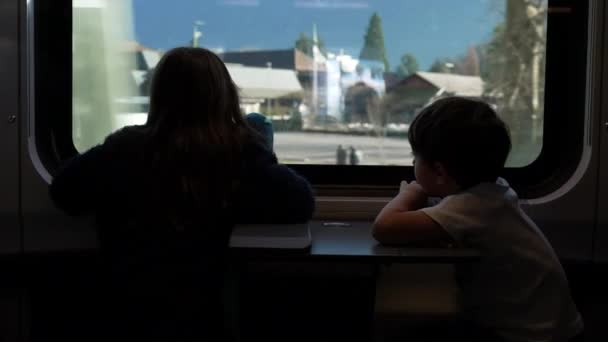 Children Traveling Train Staring Scenery Pass High Speed Transportation Window — Video