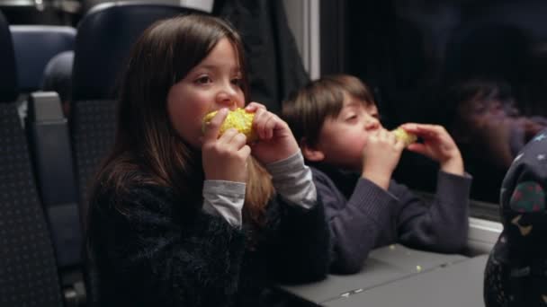 Children Enjoying Corn Snack Train Little Sister Brother Traveling High — Wideo stockowe
