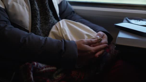 Closeup Woman Hands While Traveling Train Pensive Passenger Patiently Awaits — Wideo stockowe