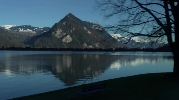 Beautiful Swiss Mountains Lake Seen Moving Train Scenery Switzerland While — Stock video