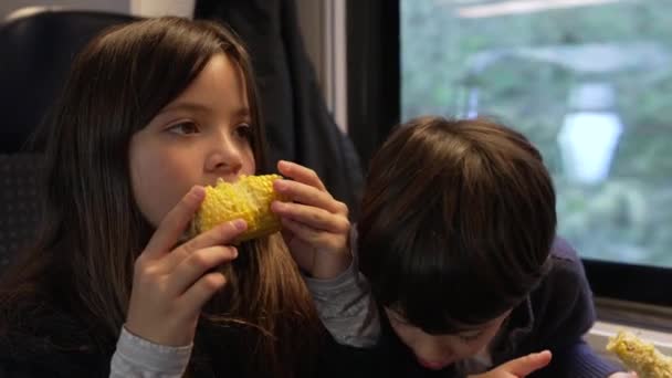 Children Snacking Corn Moving Train Siblings Small Brother Sister Eating — Wideo stockowe