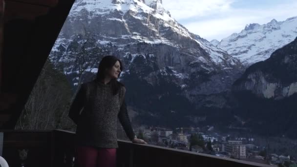 Absorbed Nature Woman Contemplating Swiss Alps Winter — Vídeo de Stock