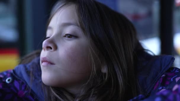 Closeup Face Little Girl Observing View Bus Transportation Pensive Thoughtful — Videoclip de stoc