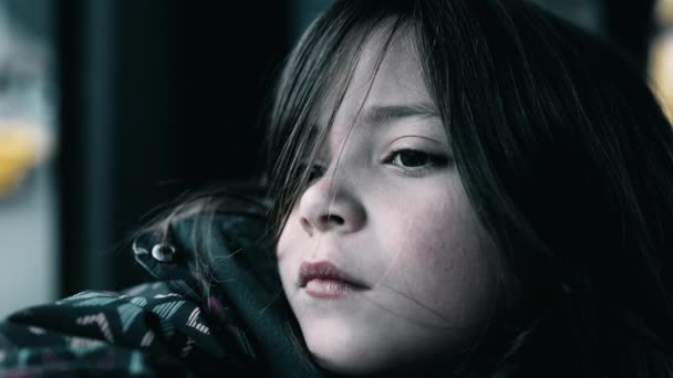 Sad Thoughtful Child Closeup Face Struggling Depression Small Girl Pensive — Wideo stockowe