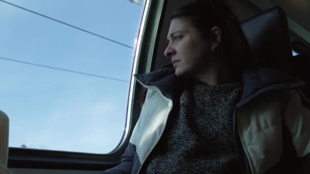 Woman Staring Landscape Pass Train Window Pensive Female Passenger Commuter — Wideo stockowe