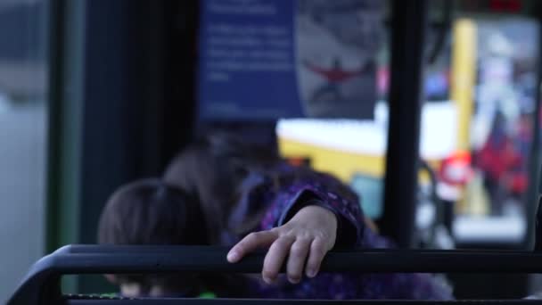 Kids Bus Little Girl Leaning Passenger Seat Grabbing Pillow Traveling — Wideo stockowe