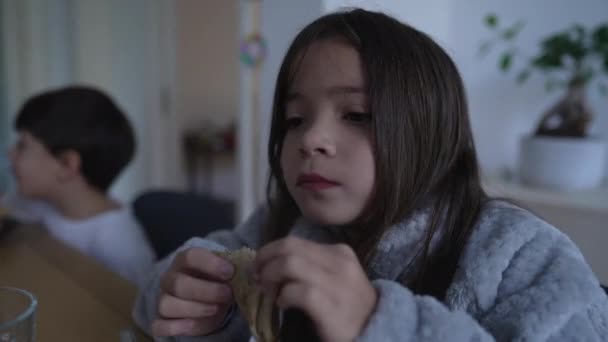 Little Girl Eating Pancake Food Morning Casual Domestic Lifestyle Scene — Stockvideo