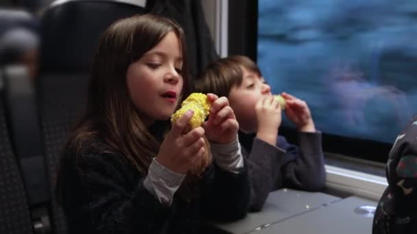 Little Siblings Eating Healthy Corn Snacks Train Travel — Stok video