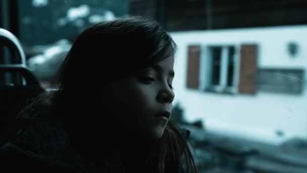 Depressed Child Travels Bus Struggling Sadness Window Passenger Little Girl — стоковое видео