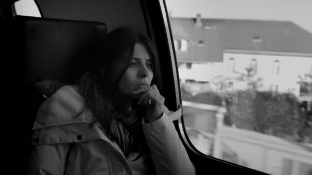 Introspective Thoughtful Woman Looking Landscape Pass Train Window Hand Chin — Stock video