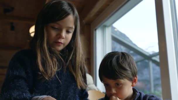 Restorandaki Çocuklar Küçük Çocuk Menüden Yemek Seçeneğini Seçiyor Çocuklar Yiyeceğine — Stok video