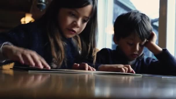 Little Girl Assisting Sibling Selecting Meal Diner Menu Children Restaurant — Stock Video