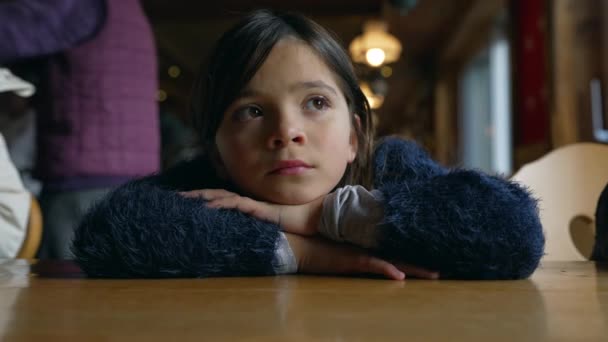 Pensive Little Girl Daydreaming Restaurant Closeup Face Thoughtful Child Deep — Stock Video
