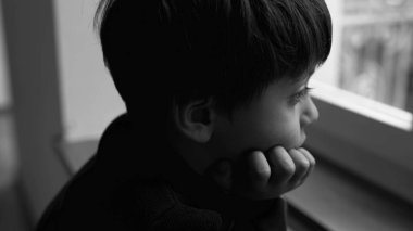 Depresyondaki çocuk melankolik bir ifadeyle pencerede duruyor ve el ele tutuşup yalnızlık ve yalnızlık hissediyor. Çocuk üzüntüsünü dramatik, siyah ve beyaz renklerle ifade ediyor.