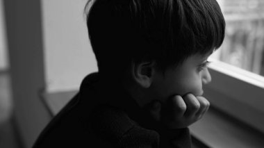 Depresyondaki çocuk melankolik bir ifadeyle pencerede duruyor ve el ele tutuşup yalnızlık ve yalnızlık hissediyor. Çocuk üzüntüsünü dramatik, siyah ve beyaz renklerle ifade ediyor.