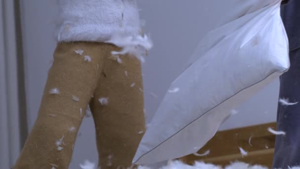 Feathers Leaving Pillow Super Slow Motion While Kids Play Pillow — Stock Video
