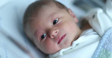 Baby newborn infant inside hospital crib after birth