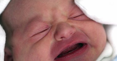 Close-up of newborn baby infant crying, first day of life