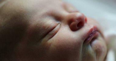 Close-up of newborn baby face portrait in macro