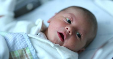 Newborn baby at hospital nursery after birth, first day of infant life inside crib