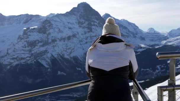 冬日里 后面站着沉思的人 凝视着阿尔卑斯山中美丽的山水 沉思的女人 身穿便帽和夹克 — 图库视频影像