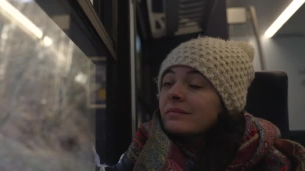 Пассажирка Сидящая Окна Смотрящая Вид Проезжает Мимо Комфортом Поезда Зимний — стоковое видео