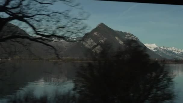 Swiss Lake Mountains View Moving Train — Stock Video