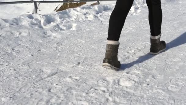 Close Persoon Wandelen Sneeuw Het Dragen Van Laarzen Winterkleding Weer — Stockvideo