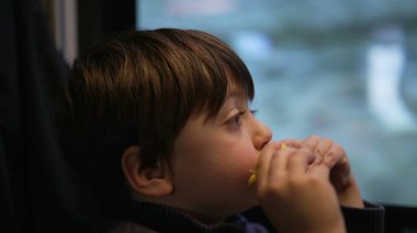 Little boy enjoying corn as a snack while traveling by train, passenger child eating food while staring at scenery pass by