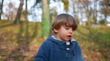 Mutlu çocuk sonbahar günü parkta mavi ceket giyerek koşuyor ve güzel sonbahar gününde turuncu yapraklarla çevrili. 3 yaşında doğayı keşfeden bir çocuk.