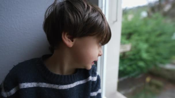 Criança Olhando Para Fora Janela Apartamento Sentado Perto Vidro Menino — Vídeo de Stock