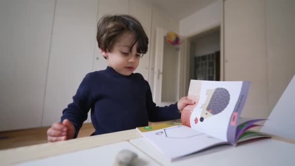 Neugieriges Kind Lernt Allein Schlafzimmer Kleiner Junge Sitzt Schreibtisch Liest — Stockvideo