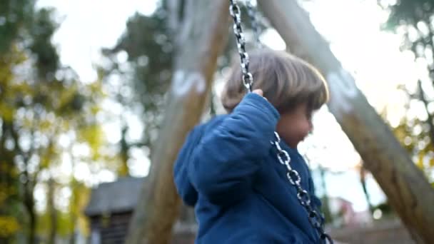 Dziecko Próbujące Wspiąć Się Huśtawkę Parku Jesienią Niebieskiej Kurtce Jeden — Wideo stockowe
