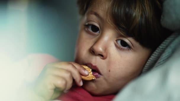 Düşünceli Çocuk Kanepede Kurabiyeyi Zevkle Yerken Çocuğun Yüzünün Yakın Çekimi — Stok video