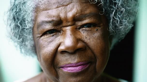 グレイハイドのアフリカ系アメリカ人の女性の閉じた顔 カメラを見ている黒人女性の肖像画 長年の知恵を持つ80代 — ストック動画