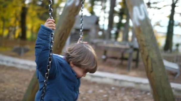 Enfant Assis Sur Balançoire Parc Pendant Journée Automne Veste Bleue — Video