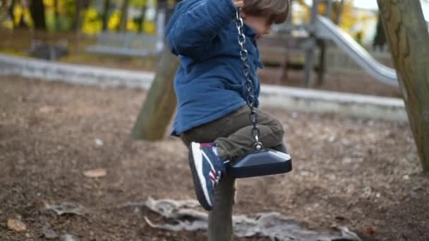 Bambino Tenta Sedersi Parco Swing Fuori Indossando Giacca Blu Durante — Video Stock