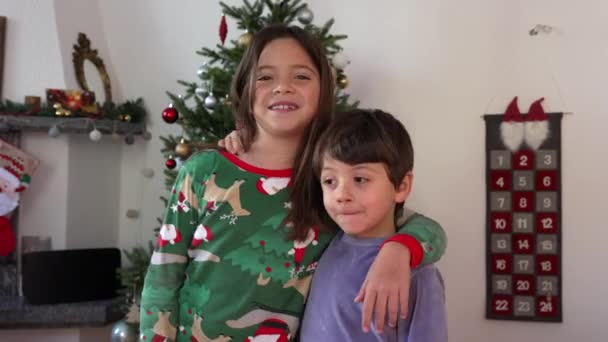 Hermanos Posando Para Cámara Con Árbol Navidad Fondo Hermana Hermano — Vídeo de stock