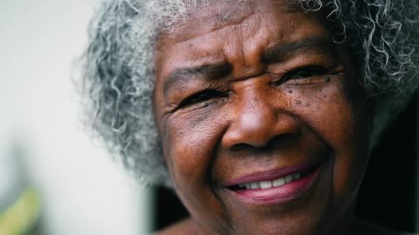 Портрет Морщинистой Веселой Пожилой Афро Американской Женщины Лет Смотрящей Камеру — стоковое видео