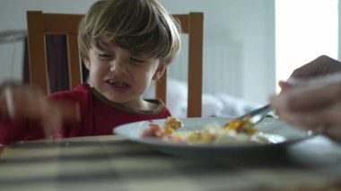 Öğle yemeği masasındaki acımasız küçük çocuk ebeveynleri tarafından besleniyor, yakın plan çocuk sabah kahvaltısında omlet yiyor.