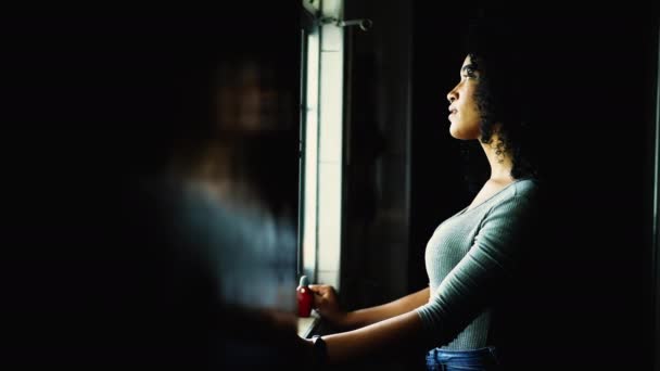 Προβληματική Νεαρή Αφρο Αμερικανίδα Που Στέκεται Στο Παράθυρο Ατενίζοντας Στοχαστική — Αρχείο Βίντεο